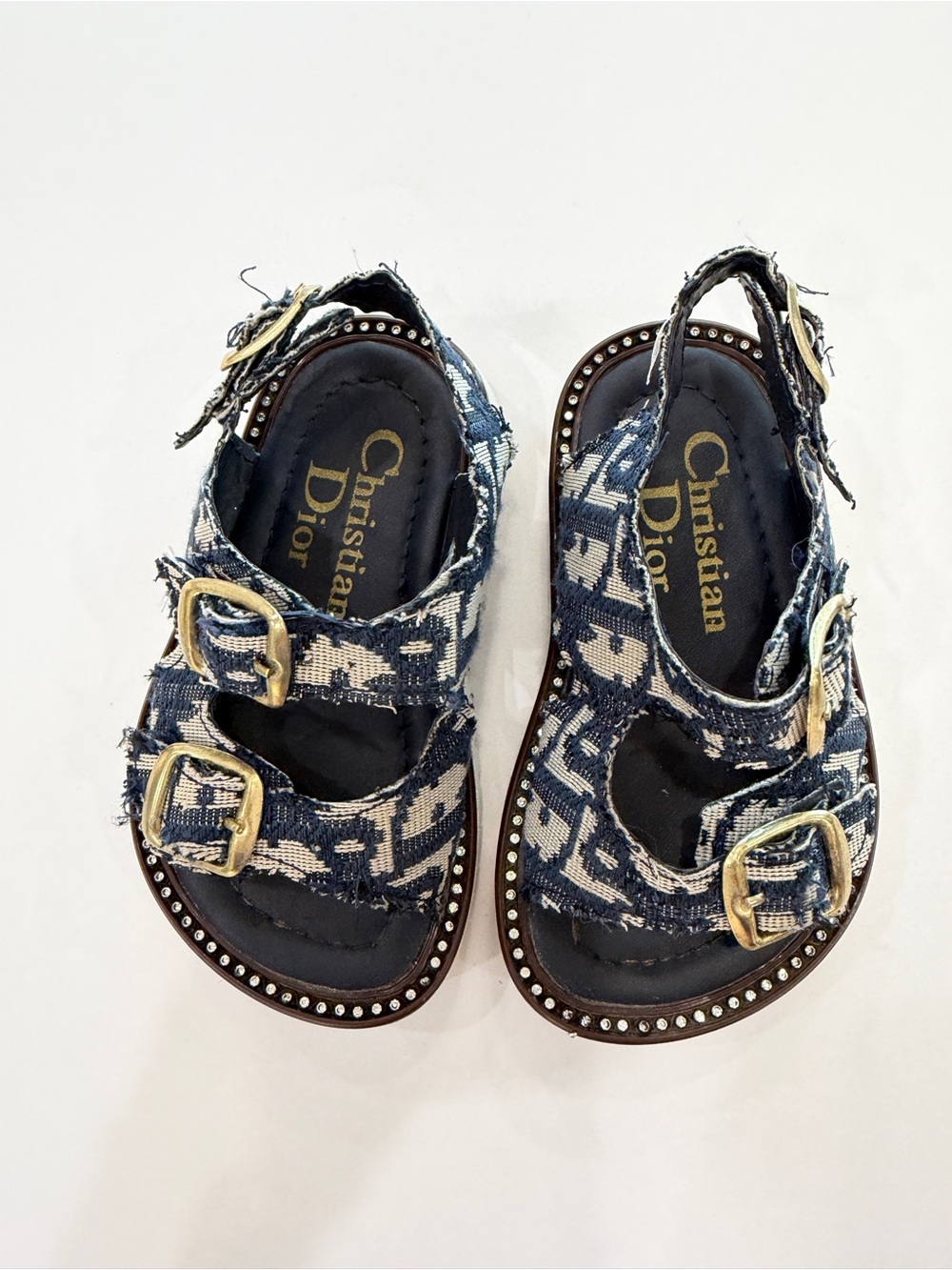 Dior Kids Blue Denim Logo Buckle Sandals with Gold Hardware